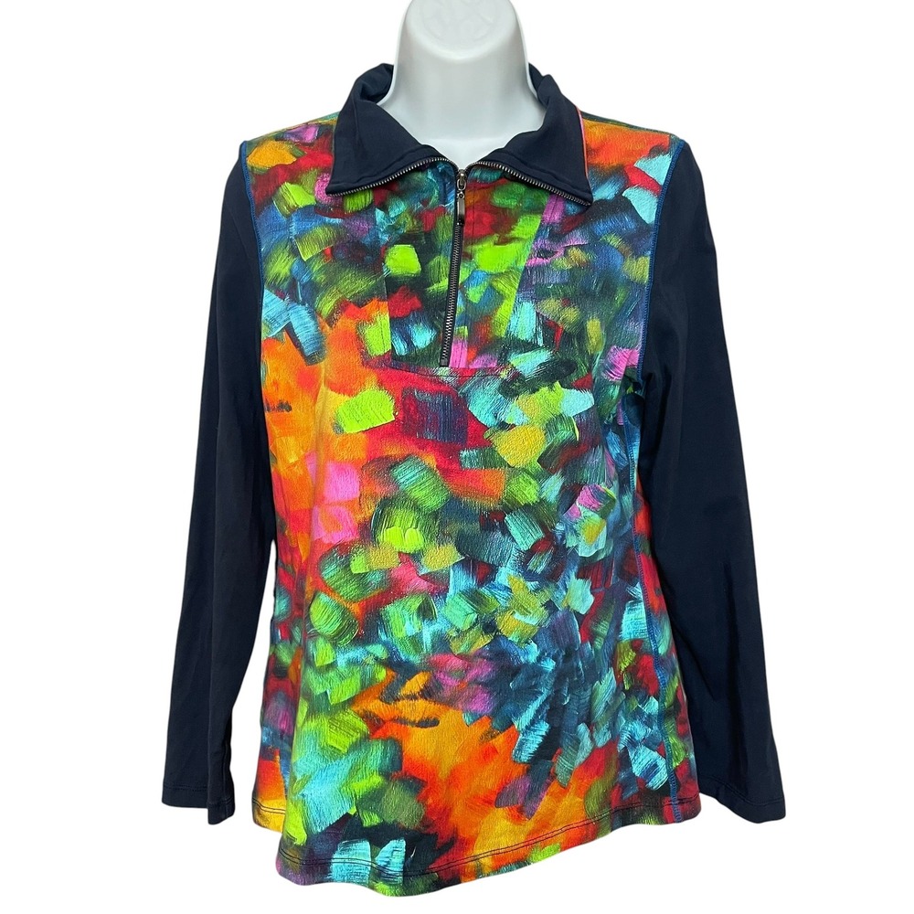 Dolcezza Quarter Zip Pullover Top Women Small Multicolor Abstract Paint Print
